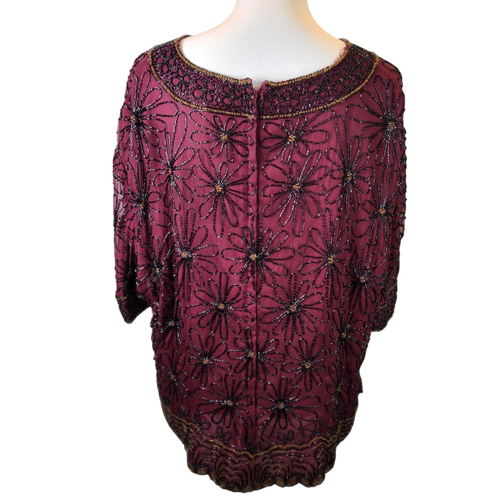Adrianna Papell Vintage 100% Silk Beaded Top Womens 3X Floral Evening - Picture 7 of 11